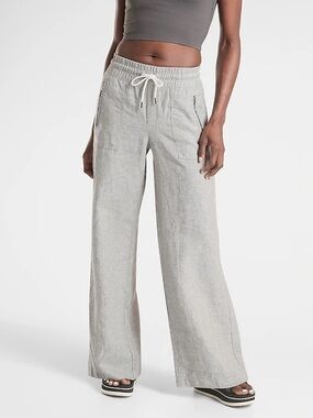 {Athleta} "Cabo Linen Wide Leg" Short Petite Gray Tie Waist Pants WAP14-65